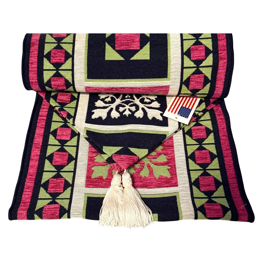 MCM Home Decor Table Runner Art Deco Black White Tapestry Made in USA 72